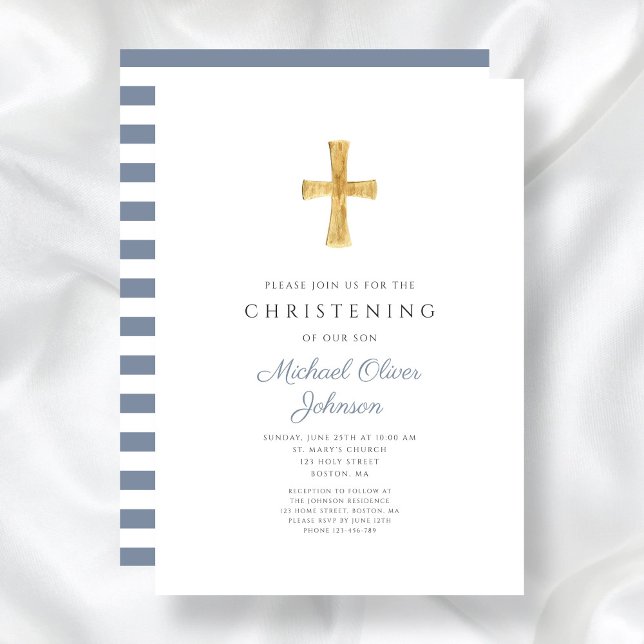 Religious Cross Blue Stripes Boy Christening Invitation (Religious Cross Blue Stripes Boy Christening Invitation)