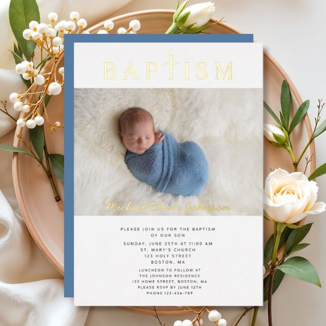 Religious Cross Boy Baptism Photo Gold Foil Invitation (Religious Cross Boy Baptism Photo Gold Foil Invitation)