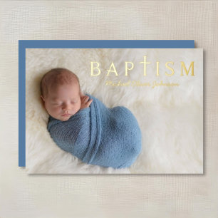 Religious Cross Boy Baptism Photo Gold Foil Invitation