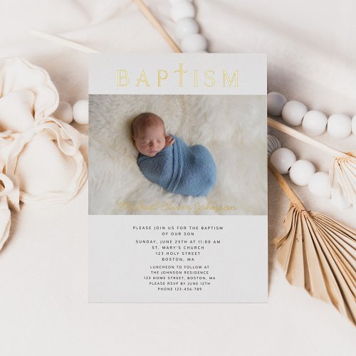 Religious Cross Boy Baptism Photo Gold Foil Invitation