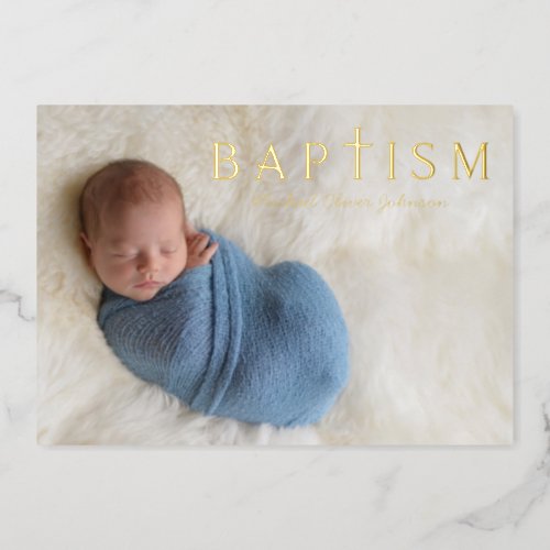 Religious Cross Boy Baptism Photo Gold Foil Invitation