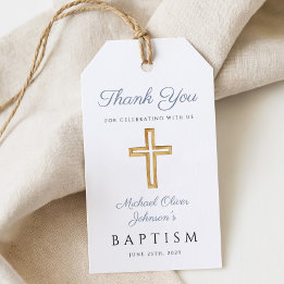 Religious Cross Boy Blue Baptism Gift Tags