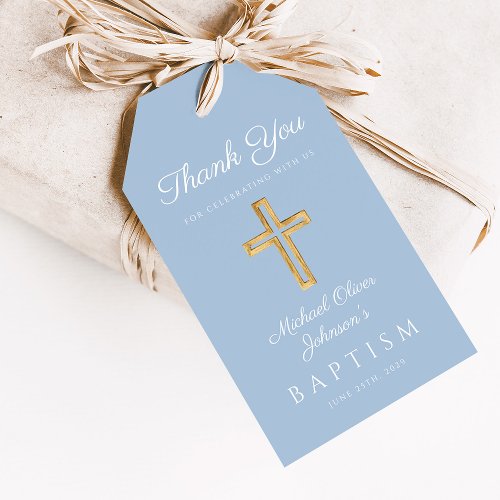 Religious Cross Boy Blue Baptism Gift Tags