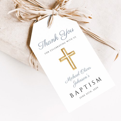 Religious Cross Boy Blue Baptism Gift Tags