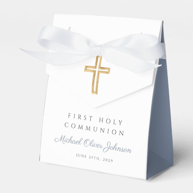 Religious Cross Boy Blue First Communion Favor Boxes (Front Side)