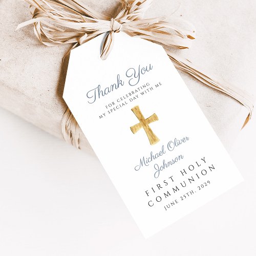 Religious Cross Boy Blue First Communion  Gift Tags
