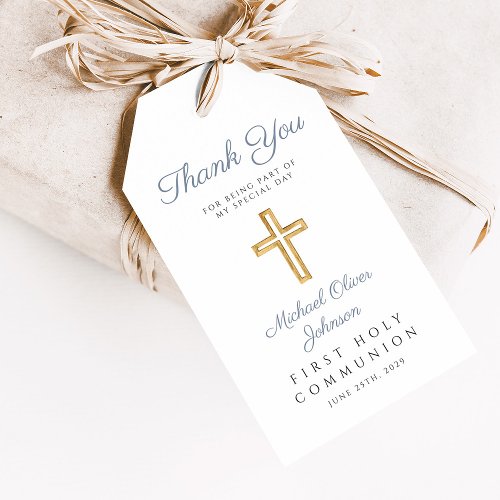 Religious Cross Boy Blue First Communion Gift Tags