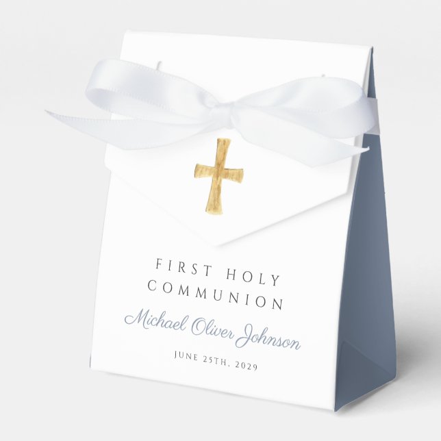 Religious Cross Boy Dusty Blue First Communion Favor Boxes (Front Side)