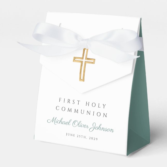 Religious Cross Boy Green First Communion Favor Boxes (Front Side)