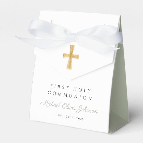 Religious Cross Boy Sage Green First Communion Favor Boxes