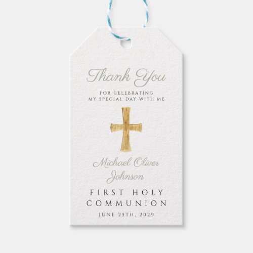 Religious Cross Boy Sage Green First Communion  Gift Tags