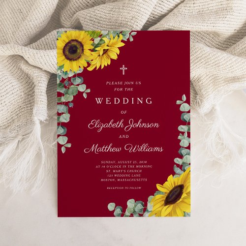 Religious Cross Burgundy Floral Sunflower Wedding Invitation