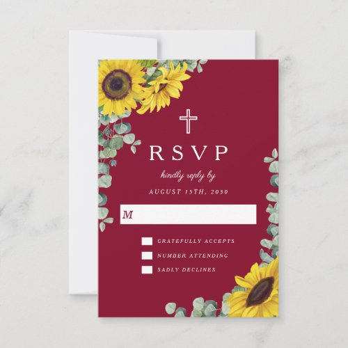 Religious Cross Burgundy Floral Sunflower Wedding RSVP Card