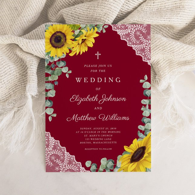 Religious Cross Burgundy Lace Sunflower Wedding Invitation (Religious Cross Burgundy Lace Sunflower Wedding Invitation)
