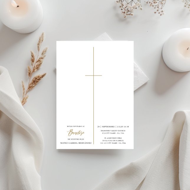 Religious Cross Catholic Script Baptism Photo Invitation (Creator Uploaded)