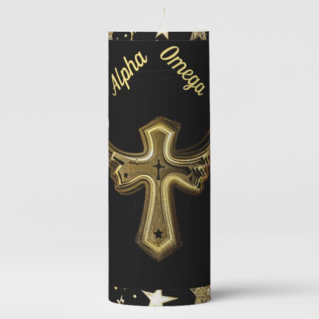 Religious Cross, Christian, Alpha Omega Pillar Candle (Front)