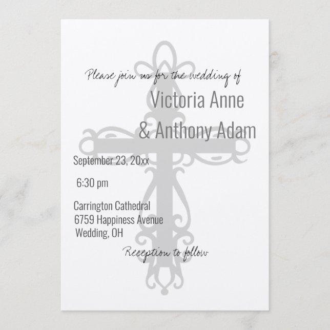 Religious Cross Christian Champagne Shiny Wedding Invitation (Front)