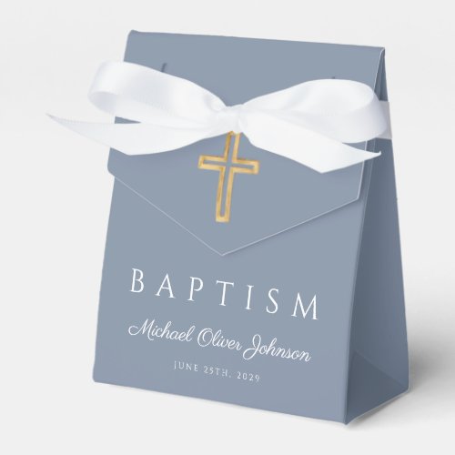 Religious Cross Dusty Blue Boy Baptism  Favor Boxes