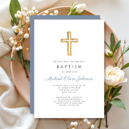 Religious Cross Dusty Blue Boy Baptism Invitation