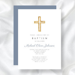 Religious Cross Dusty Blue Boy Baptism Invitation