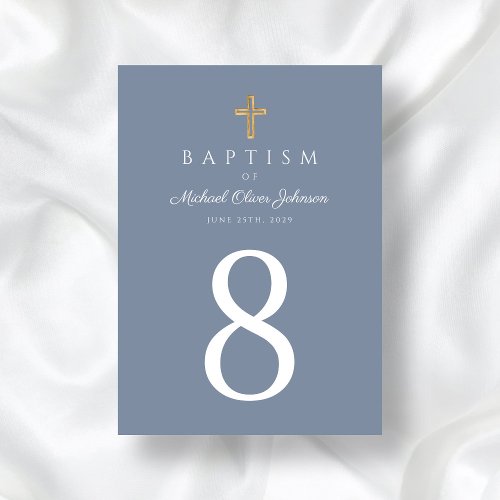 Religious Cross Dusty Blue Boy Baptism Table Number