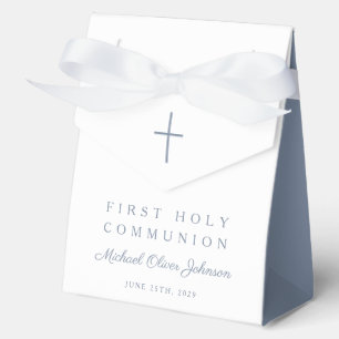 Religious Cross Dusty Blue Boy First Communion Favor Boxes