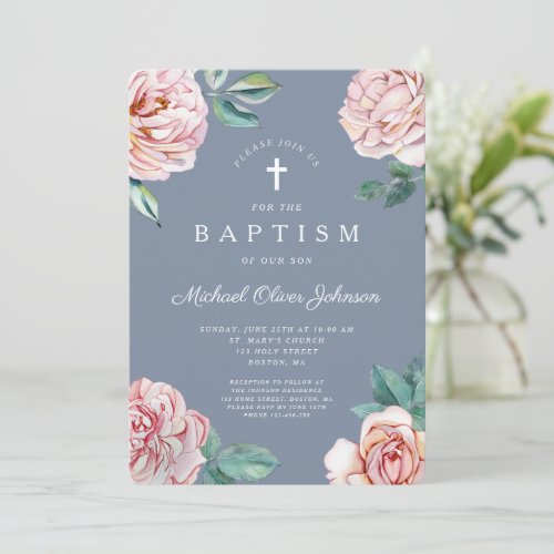 Religious Cross Dusty Blue Peonies Boy Baptism Invitation