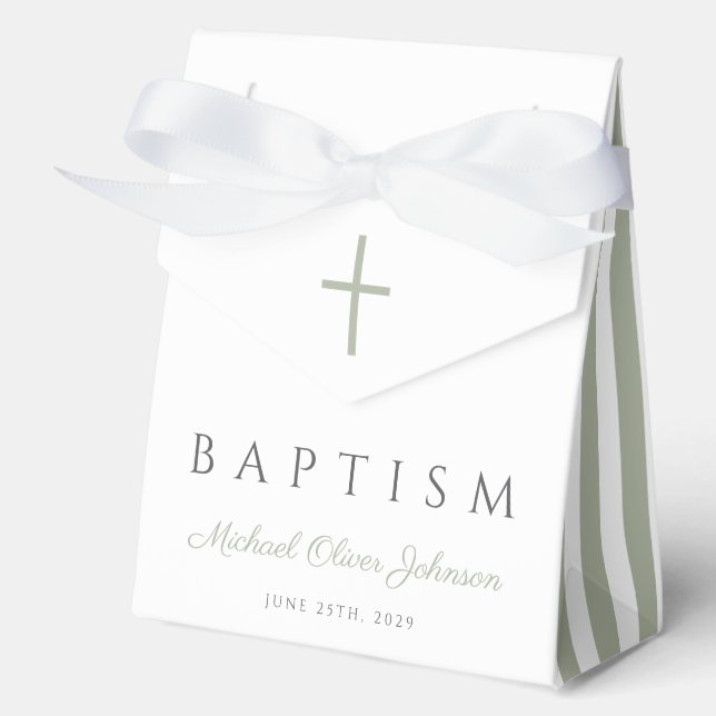 Religious Cross Dusty Blue Script Boy Baptism  Favor Boxes (Front)