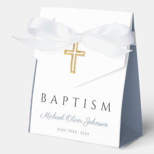 Religious Cross Dusty Blue Script Boy Baptism Favor Boxes