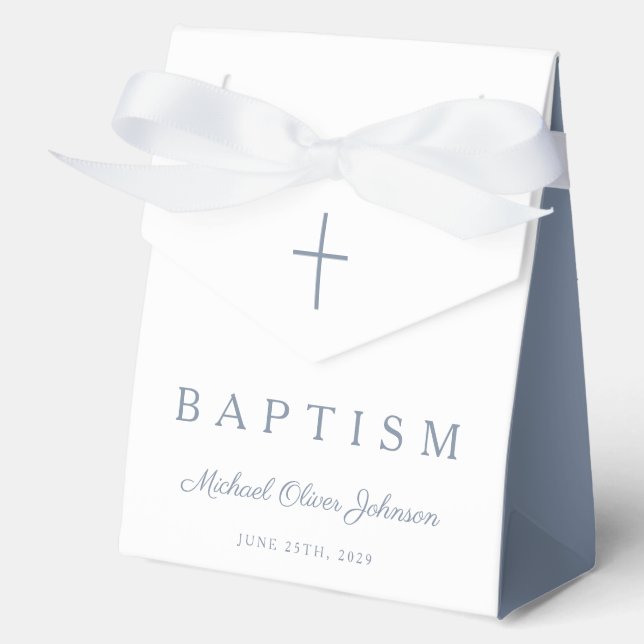 Religious Cross Dusty Blue Script Boy Baptism  Favor Boxes (Front)