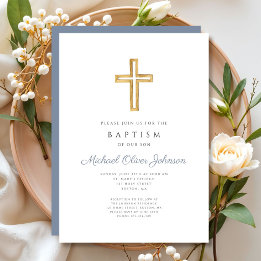 Religious Cross Dusty Blue Script Boy Baptism Invitation
