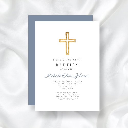 Religious Cross Dusty Blue Script Boy Baptism Invitation