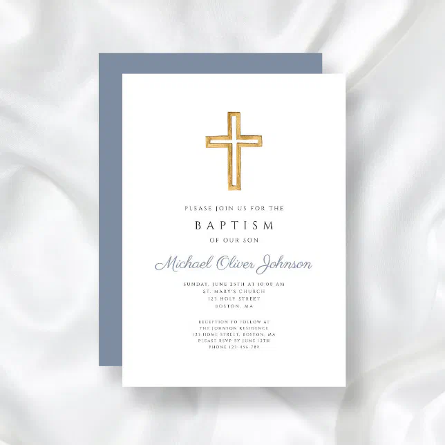 Religious Cross Dusty Blue Script Boy Baptism Invitation | Zazzle