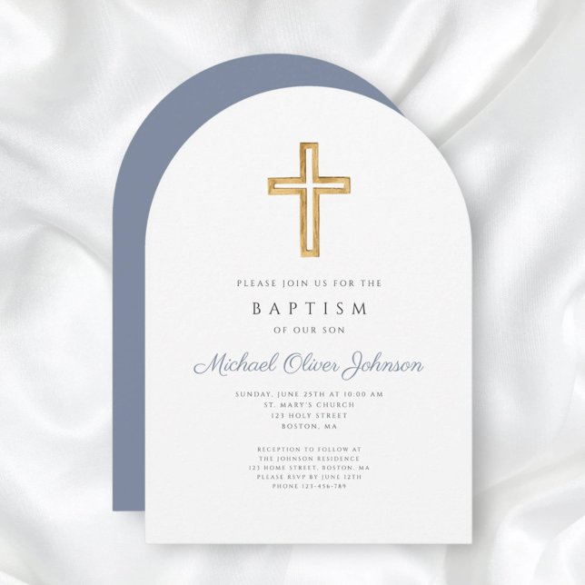 Religious Cross Dusty Blue Script Boy Baptism Invitation (Religious Cross Dusty Blue Script Boy Baptism Invitation)
