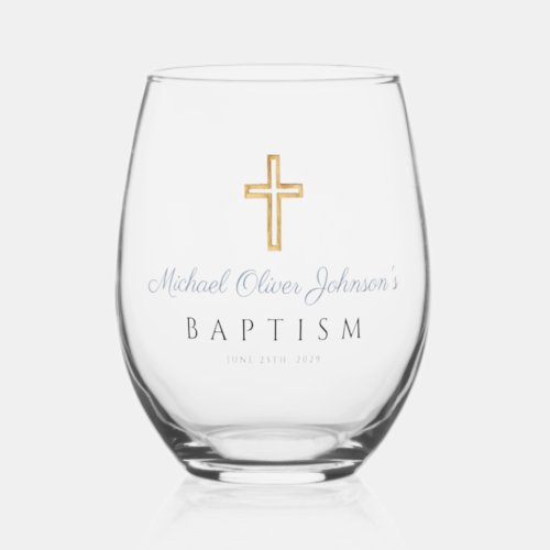 Religious Cross Dusty Blue Script Boy Baptism Stemless Wine Glass