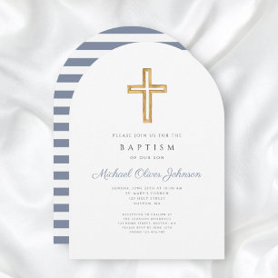 Religious Cross Dusty Blue Stripe Boy Baptism Arch Invitation