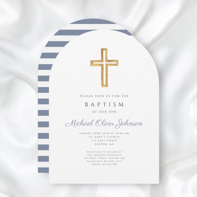 Religious Cross Dusty Blue Stripe Boy Baptism Arch Invitation (Religious Cross Dusty Blue Stripe Boy Baptism Arch Invitation)