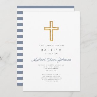 Religious Cross Dusty Blue Stripes Boy Baptism