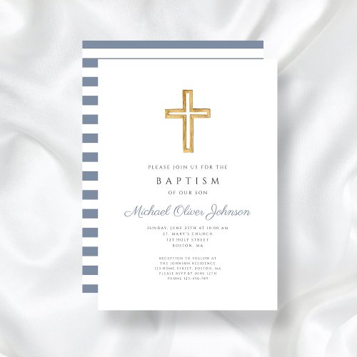Religious Cross Dusty Blue Stripes Boy Baptism Invitation