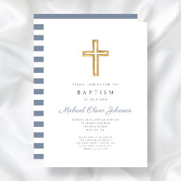 Religious Cross Dusty Blue Stripes Boy Baptism Invitation