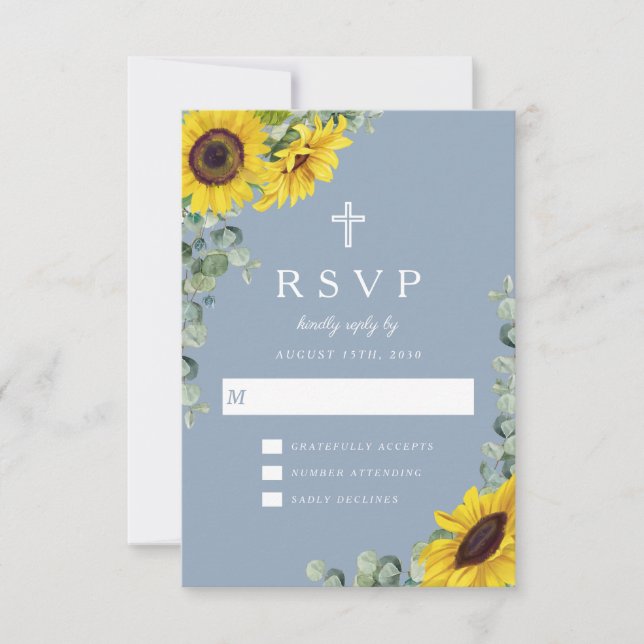 Religious Cross Dusty Blue Sunflower Wedding RSVP Card (Front)