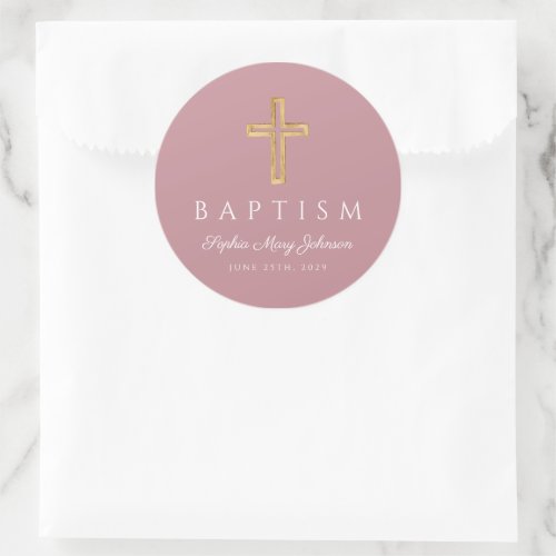 Religious Cross Dusty Pink Girl Baptism Classic Round Sticker