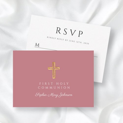 Religious Cross Dusty Pink Girl First Communion  RSVP Card