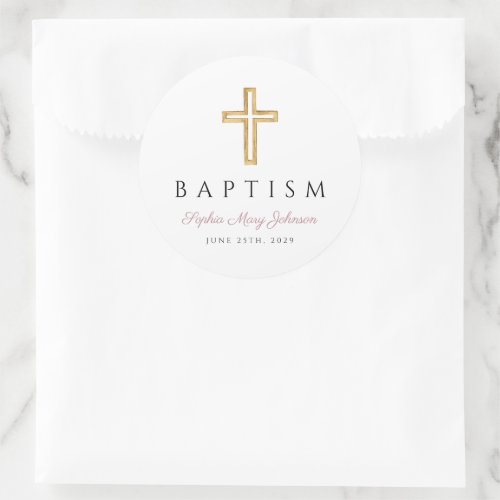 Religious Cross Dusty Pink Script Girl Baptism  Classic Round Sticker