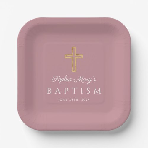 Religious Cross Dusty Pink Script Girl Baptism Paper Plates