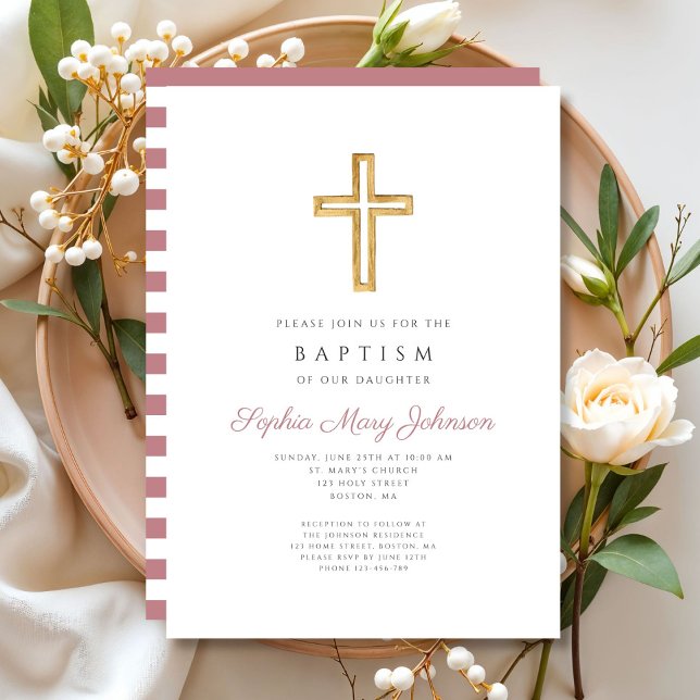 Religious Cross Dusty Pink Stripes Girl Baptism Invitation (Religious Cross Dusty Pink Stripes Girl Baptism Invitation)