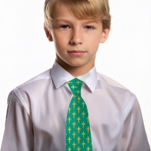 Religious Cross Emerald Green Faux Gold Communion  Neck Tie