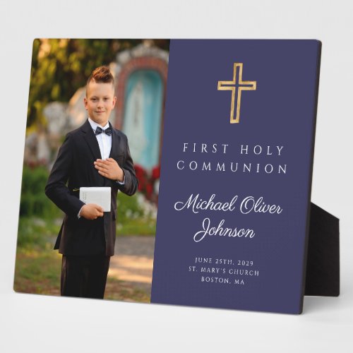 Religious Cross First Communion Boy Photo Blue Plaque