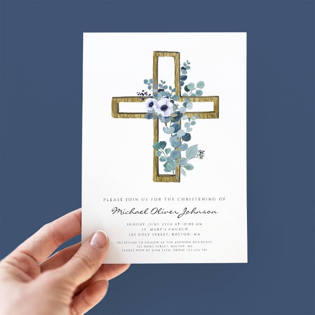 Religious Cross Floral Eucalyptus Boy Christening Invitation (Creator Uploaded)