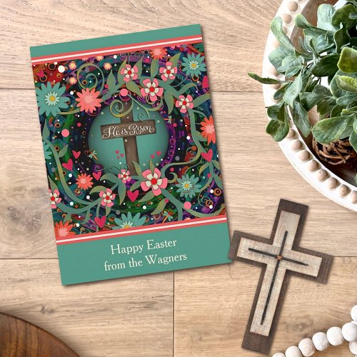 Religious Cross Floral Happy Easter He Is Risen Card
